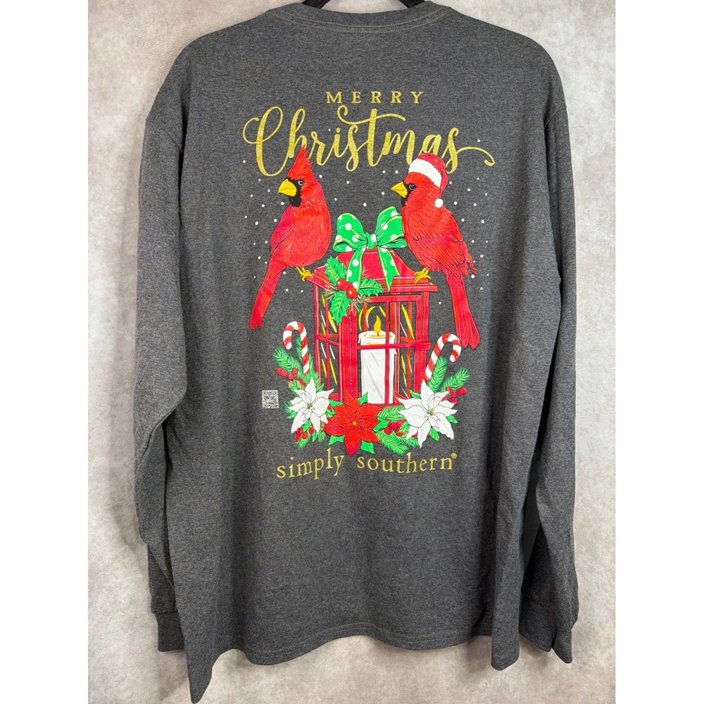 Simply Southern T-Shirt Women Large Gray Christmas Cardinal Long Sleeve Graphic